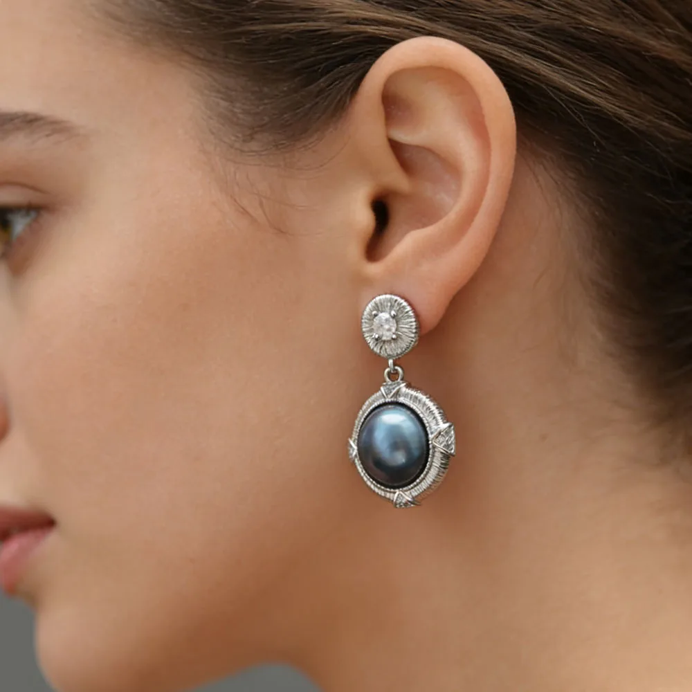 

MTC·STAR Half Spherical Round Blue South Sea Mabe Pearl Dangle Earring (Z14424)