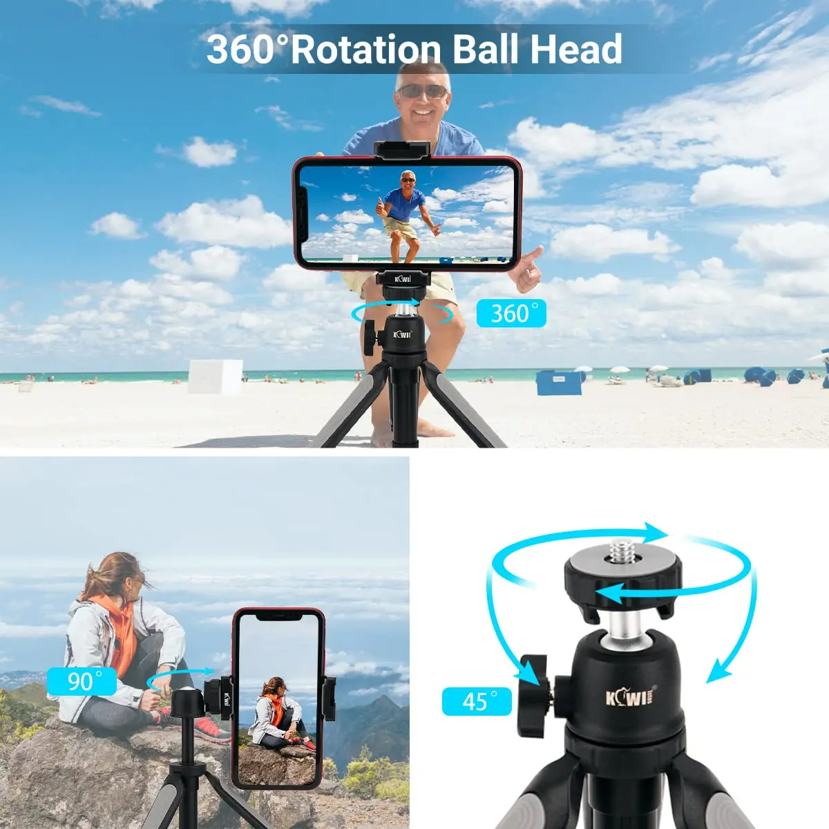 KIWI Desktop Mini Camera Tripod Stand with Phone Holder Extendable Selfie Stick Handle Grip for iPhone 15 14 13 Tabletop Tripod
