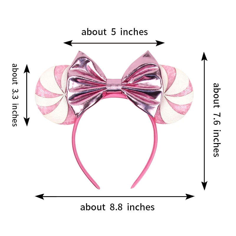 2024 Disney Christmas Peppermint Candy Mouse Ears Headband For Girls Sequins Bow Festivall Party Hairband DIY Hair Accessories