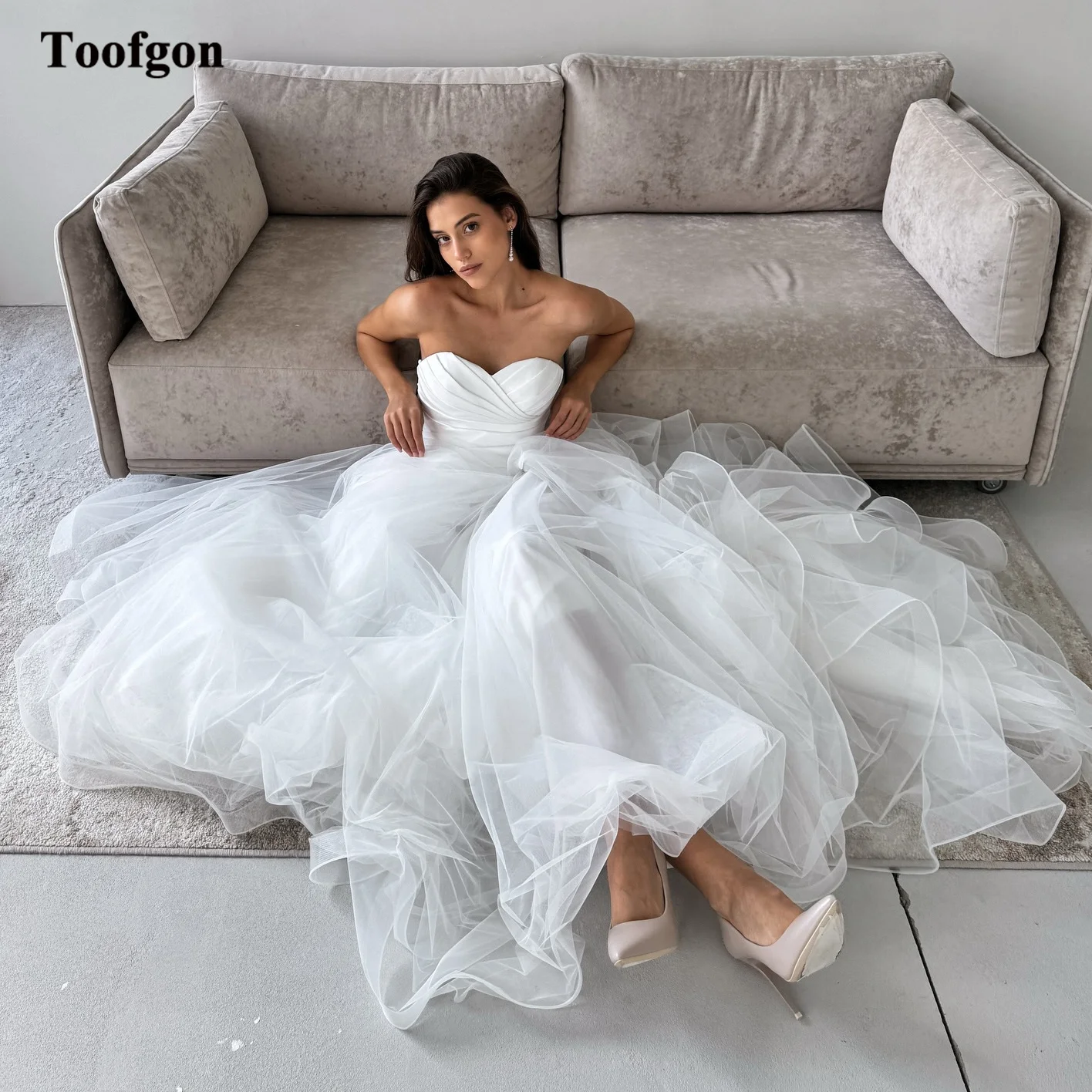 

Toofgon Simple Tulle Boho Wedding Dresses Customized Satin Sweetheart Korea Bridal Gowns Formal Bride Wedding Photo Shoot Dress