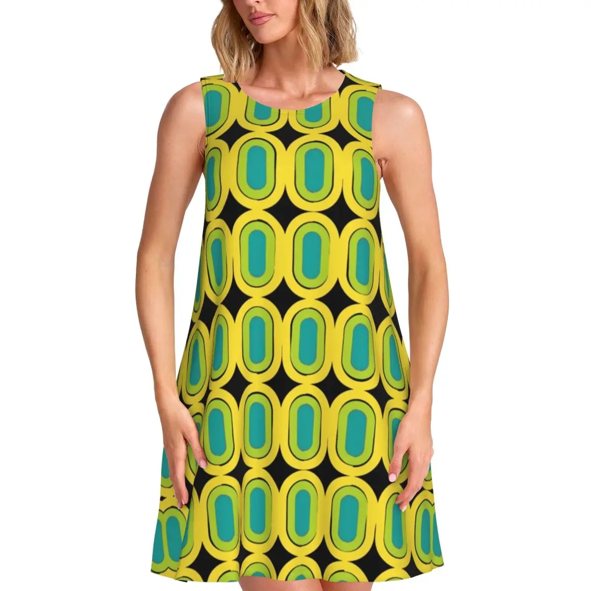 60s Retro Mod Print Dress Geometry Pattern Night Club Dresses Summer Aesthetic Oversize Casual Dress New Arrival Print Vestidos