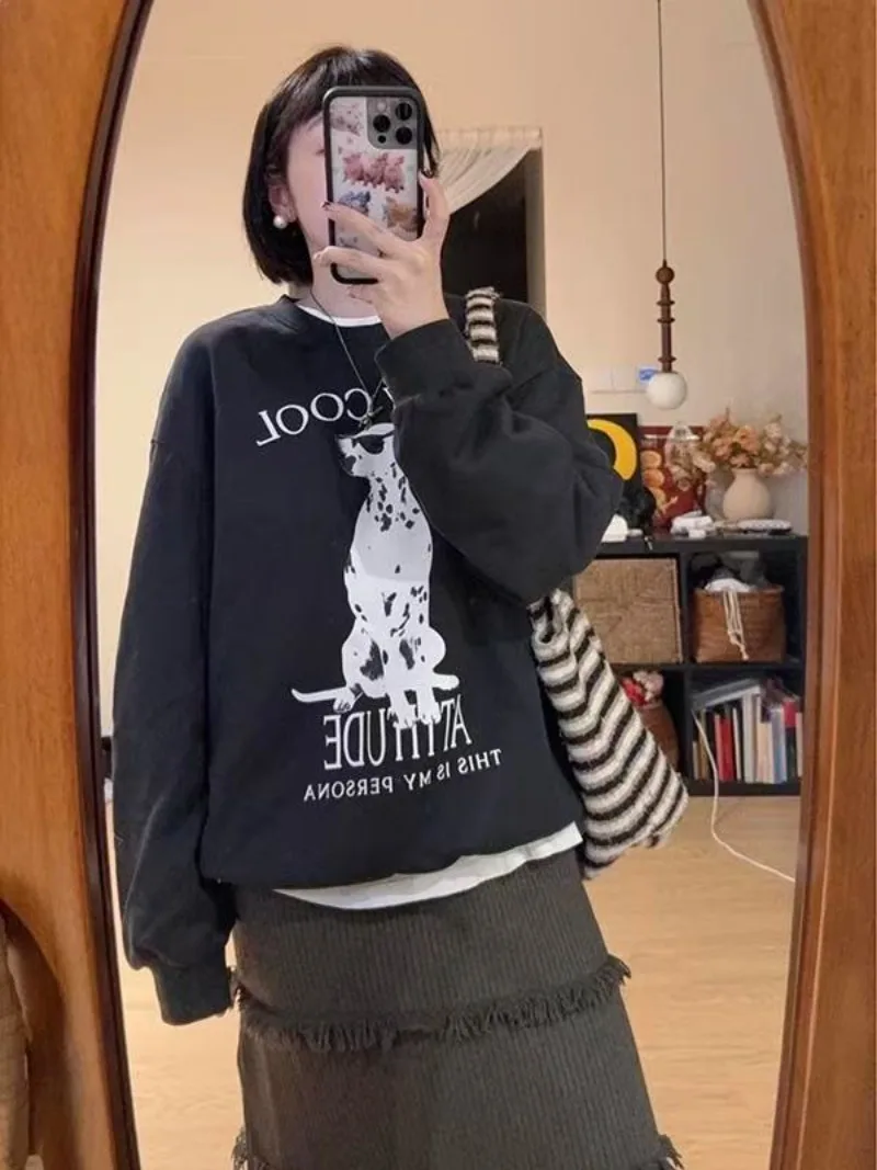 سترة نسائية بغطاء للرأس مطبوعة بأحرف شهيرة للخريف والشتاء، فضفاضة ومريحة وغير رسمية على الطراز الأصلي #4