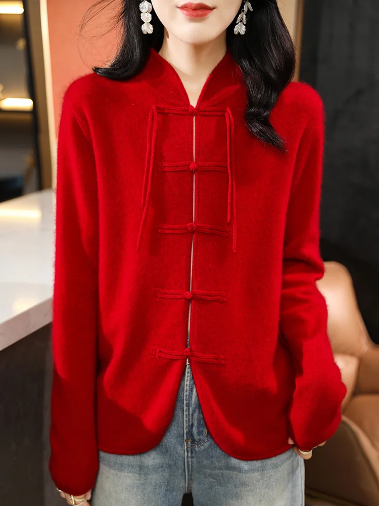 2024 Autumn Winter Women 100% Pure Merino Wool Cardigan Long Sleeve Chinese Style Cashmere Sweater Solid Korean Tops Clothing