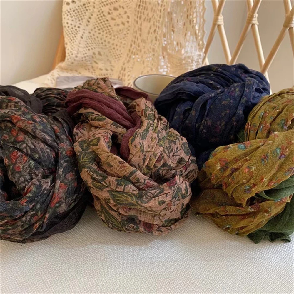 Vintage Cotton Linen Patchwork Scarf Women Pleated Scarf  Long Floral Square Scarf Shawl Fashion Winter Warm Casual Scarf Shawl