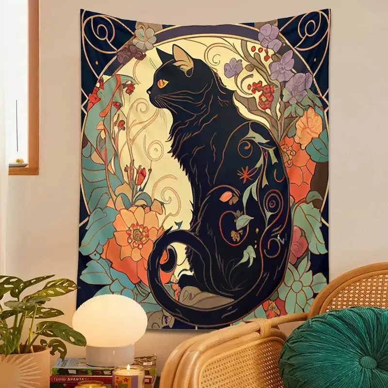 VIKAMA Art Nouveau Black Cat Tapestry Vintage Ornamental Orange Gold Wall Hanging Victorian Wall Art for Living Room Bedroom