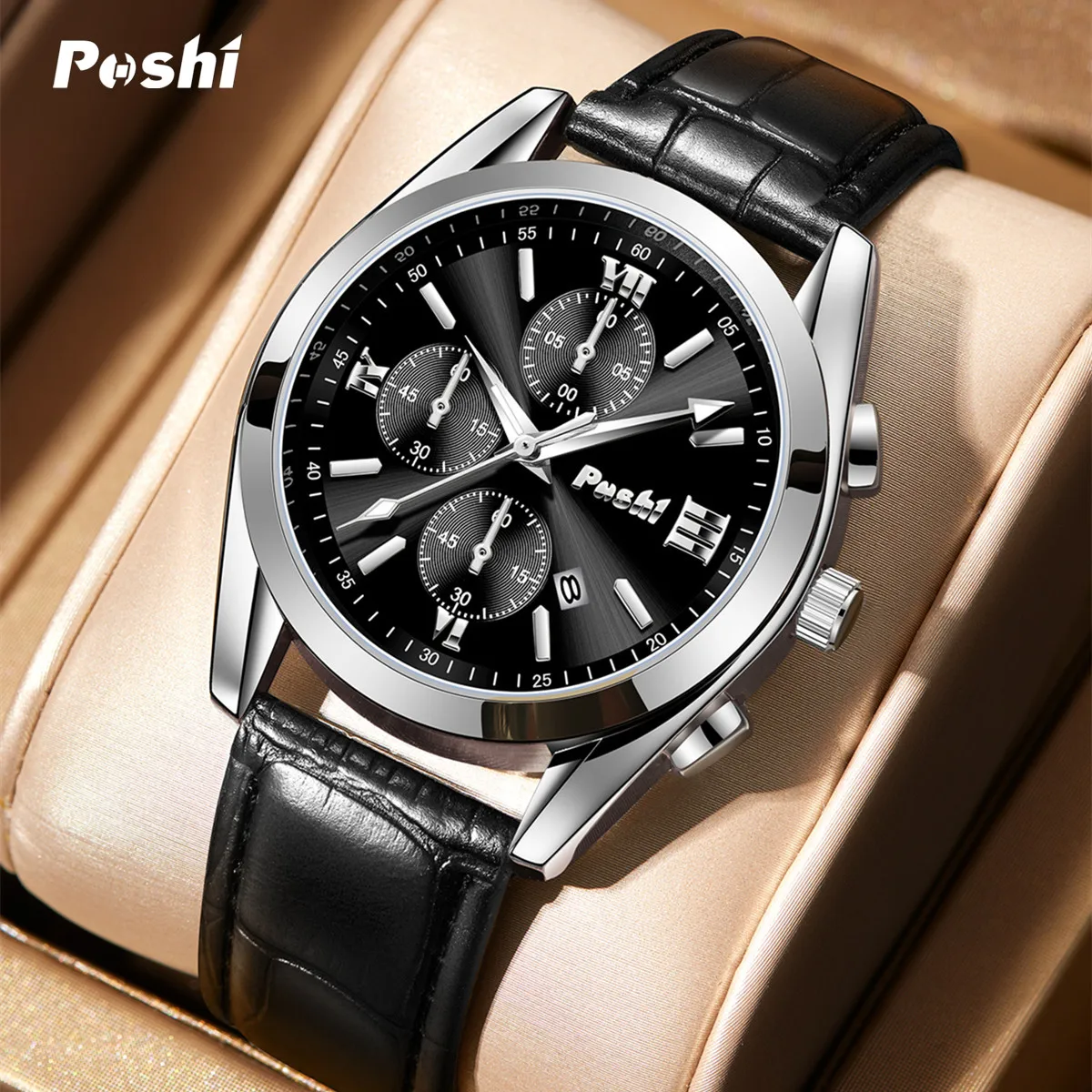 POSHI New Fashion Mens Watches Quartz Movement Watch Luxury Leather Strap with Calendar Waterproof Sport Wristwatch for Man 2023