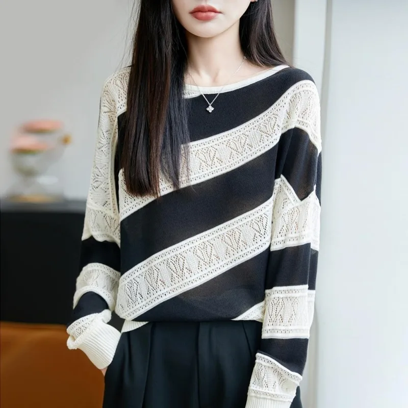 Korean Lazy Style Women Striped Hollow Out Boat Neck Knit Sweater Early Autumn Long Sleeve Fashion Tops