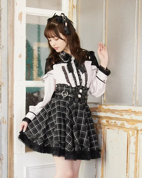 Chemise en dentelle à manches longues et jupe taille haute pour femme, ensemble jupe deux pièces Lolita, chemisier Liz japonais, succion, produit en masse, nœud de perles douces