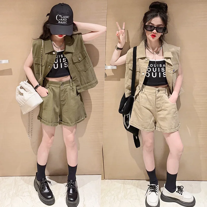 

Children's Summer Fashionable 2024 New Korean Fashion Women's Middle School Big Kid Cardigan Tank Top Two Piece Set