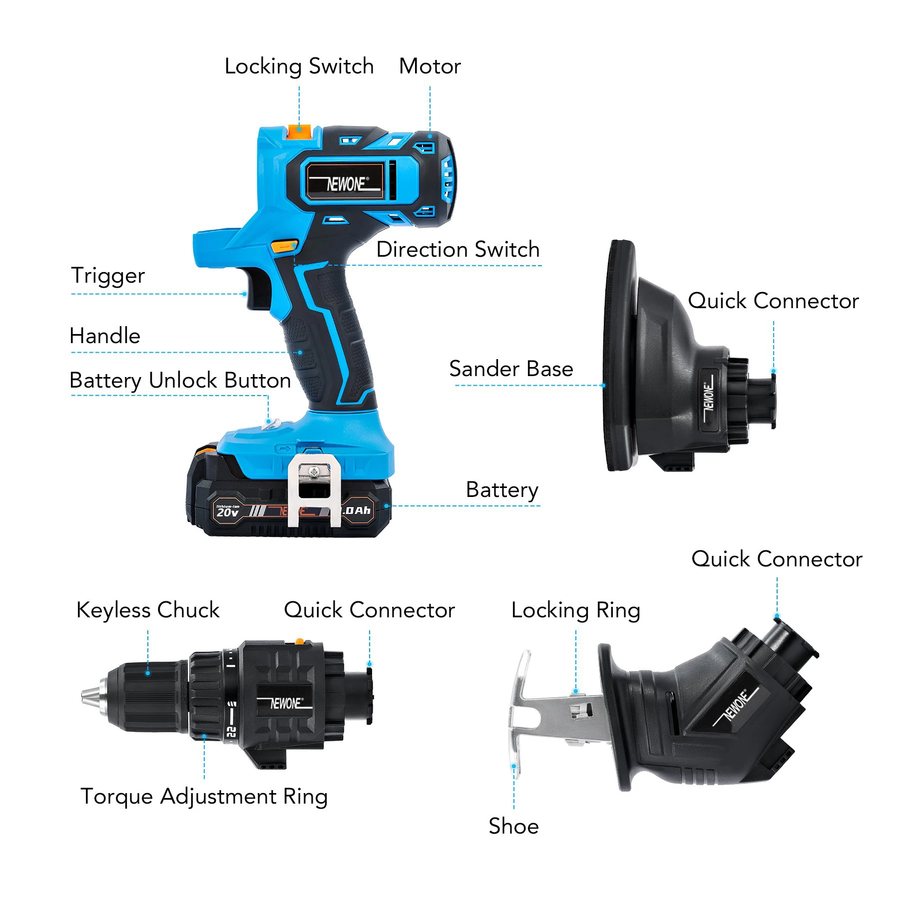 Quick Release Oscillating Tool Renovator Multitool Mouse Sander Power Tools Jig Saw Reciprocating Saw 20V 2A Battery NEWONE