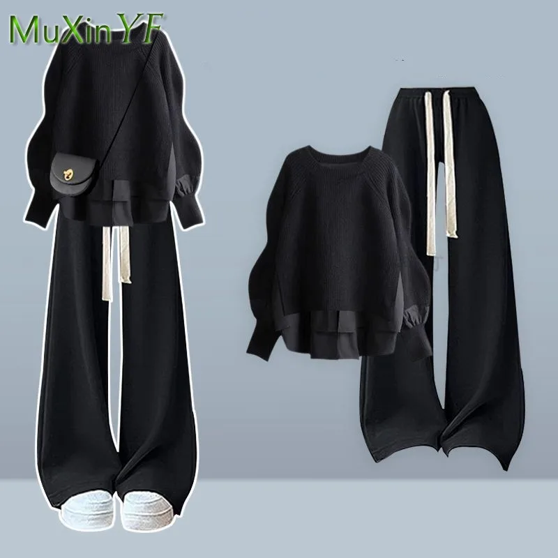 2025 Autumn/Winter New Korean Elegant Fake Two Piece Knit Sweater Top+Casual Pants Suit Women's Fashion Tracksuit Matching Set