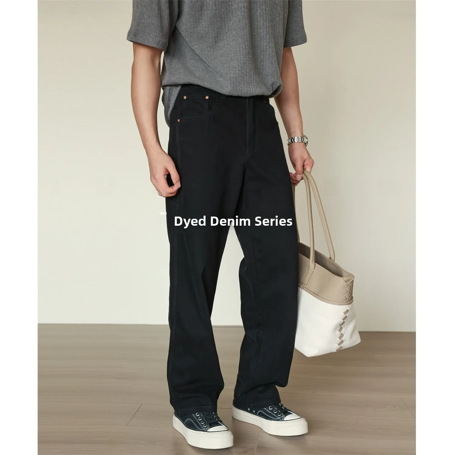 

Классические мужские джинсы из хлопкового денима IUNCLEXI, свободные прямые повседневные брюки, окрашенные чернилами, со средней посадкой, с пятью карманами