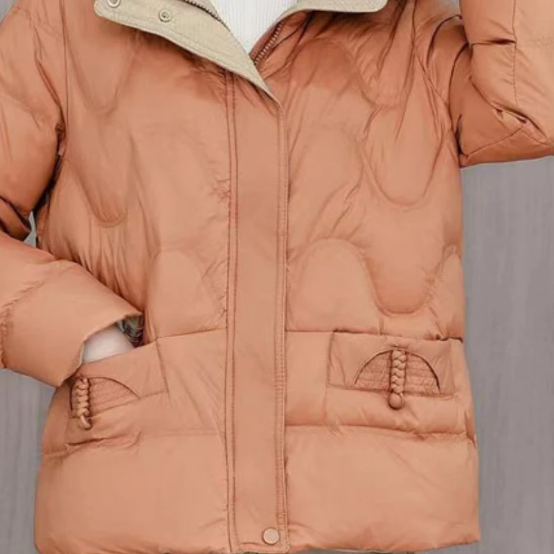 Short Down Jacket with Stand-up Collar for Women, Thick Warm Snow Jackets, Retro Pocket Outerwear, Casual and Simple, Winter