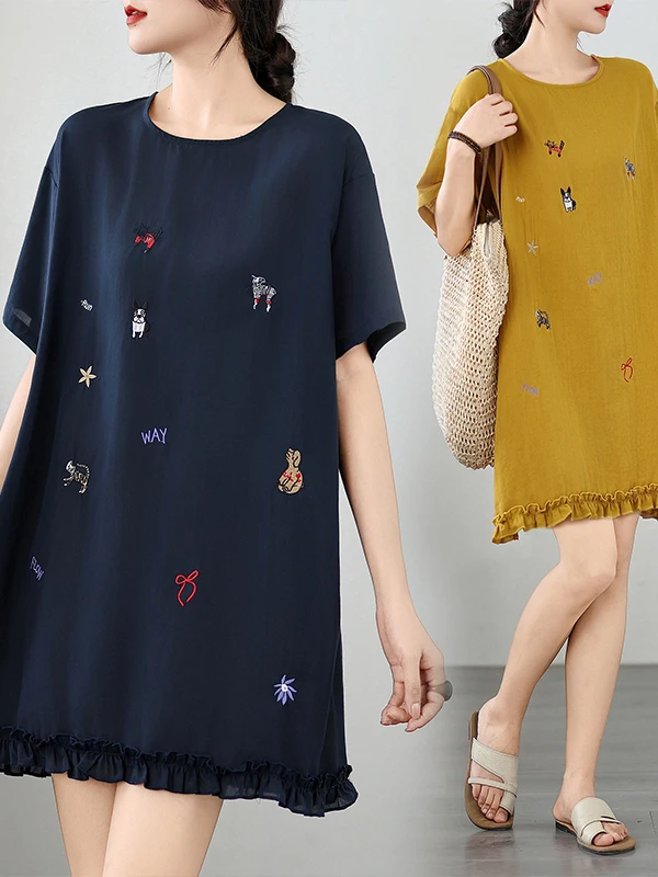 Ele brodé travail lourd T-shirt Dr femme mi-longue âge-défense jupe coréenne Sle trajet été Dr