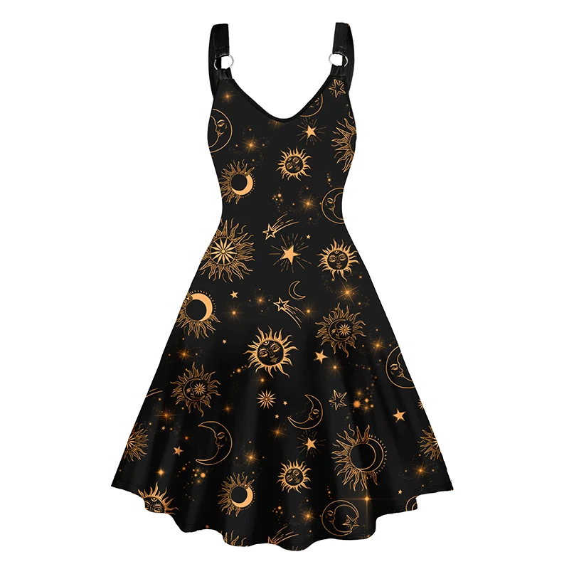 2024 New Womens Dresses Allover Galaxy Sun Moon Star Celestial Print Straps Sleeveless Tank Dress O Ring V Neck A Line Dress