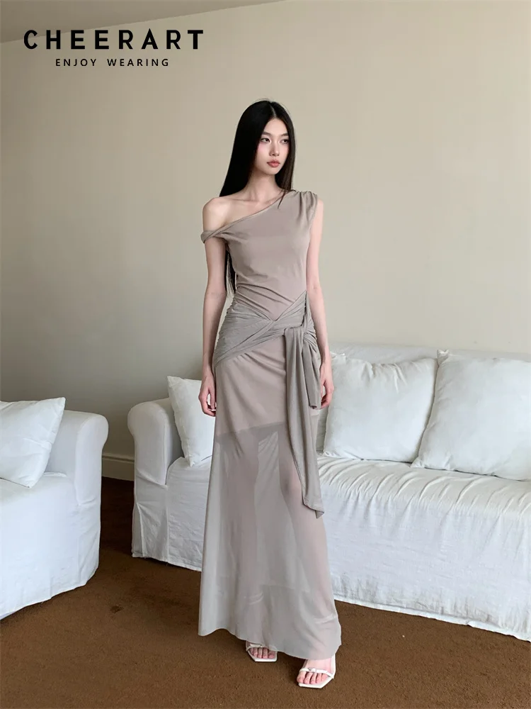 

CHEERART Off Shoulder Designer Bandage Long Dress For Woman Summer Sleeveless Ruched A Line Maxi Dress Fashion Clothing