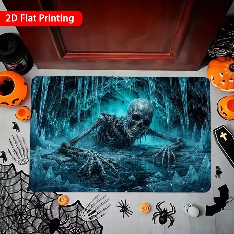 Skull Behind Grate Horror Floor Mat Rusty Metal Texture Blue Glow Claw Detail Print Non Slip Absorbent Carpet For  Entryway