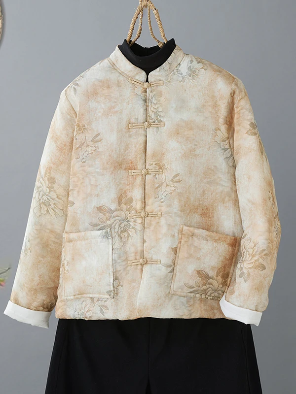 

Thiened Cotton Jaet Women's Sle Stand Collar Button Plaet Floral Print Cotton Linen Blend Winter Outerwear Coat