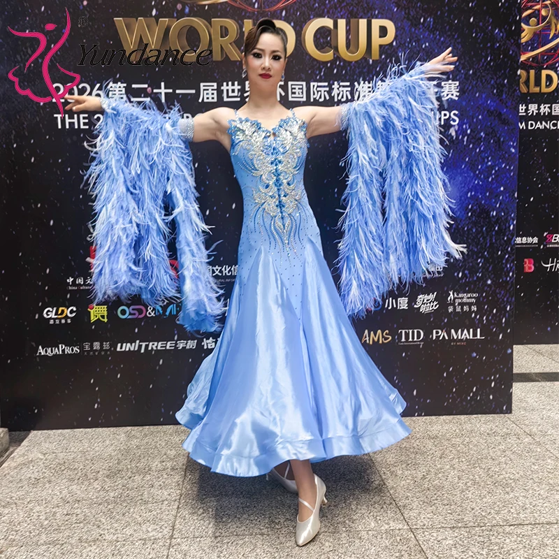B-26097 Yundance Custom Chrisanne Fabric Ballroom Dress Luxury Feather BlueBell Satin Chiffon Waltz Competition