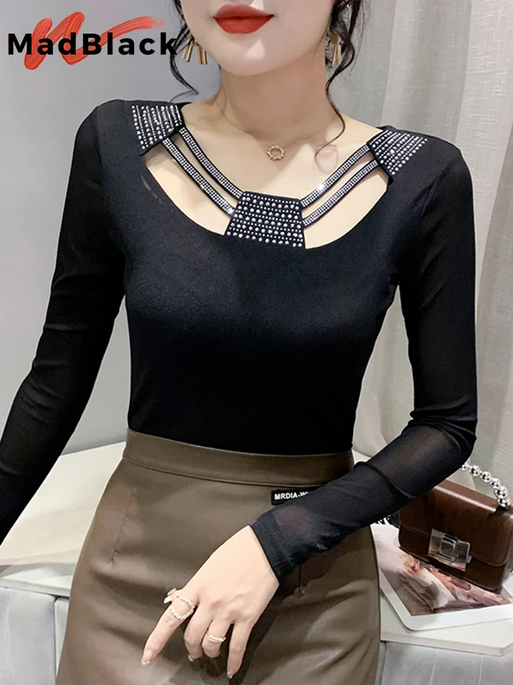 MadBlack Autumn Winter Sexy T-Shirts Shinny Rivets Hollow Out Slim TShirt Mesh Patchwork Long Sleeve Tees Tops For Woman T29704S