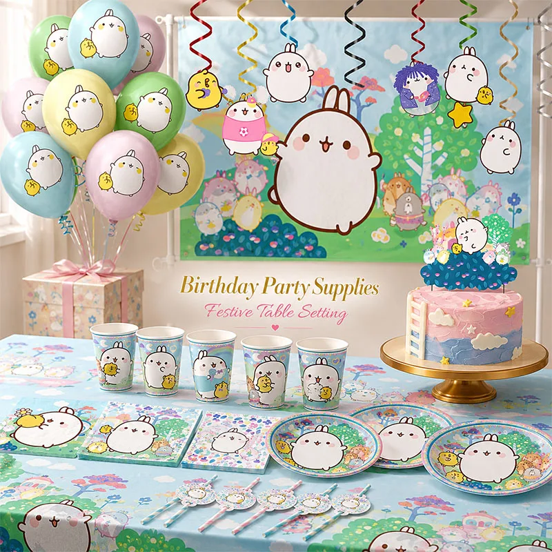 Suministros para fiestas con temática de dibujos animados Molang, platos desechables, vasos, pajitas, globos con bandera para pasteles, fondo para decoración de celebraciones de cumpleaños