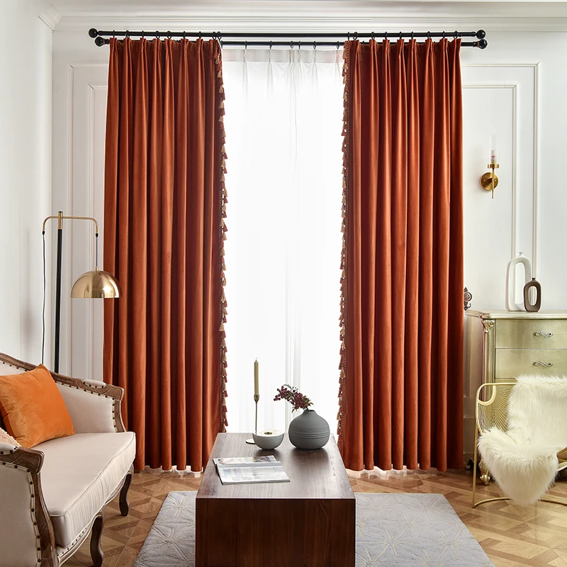 Custom Modern American Silk Velvet Blackout Cortina, laranja sombreamento, pano grosso, sala de estar Tule cortina, C1872