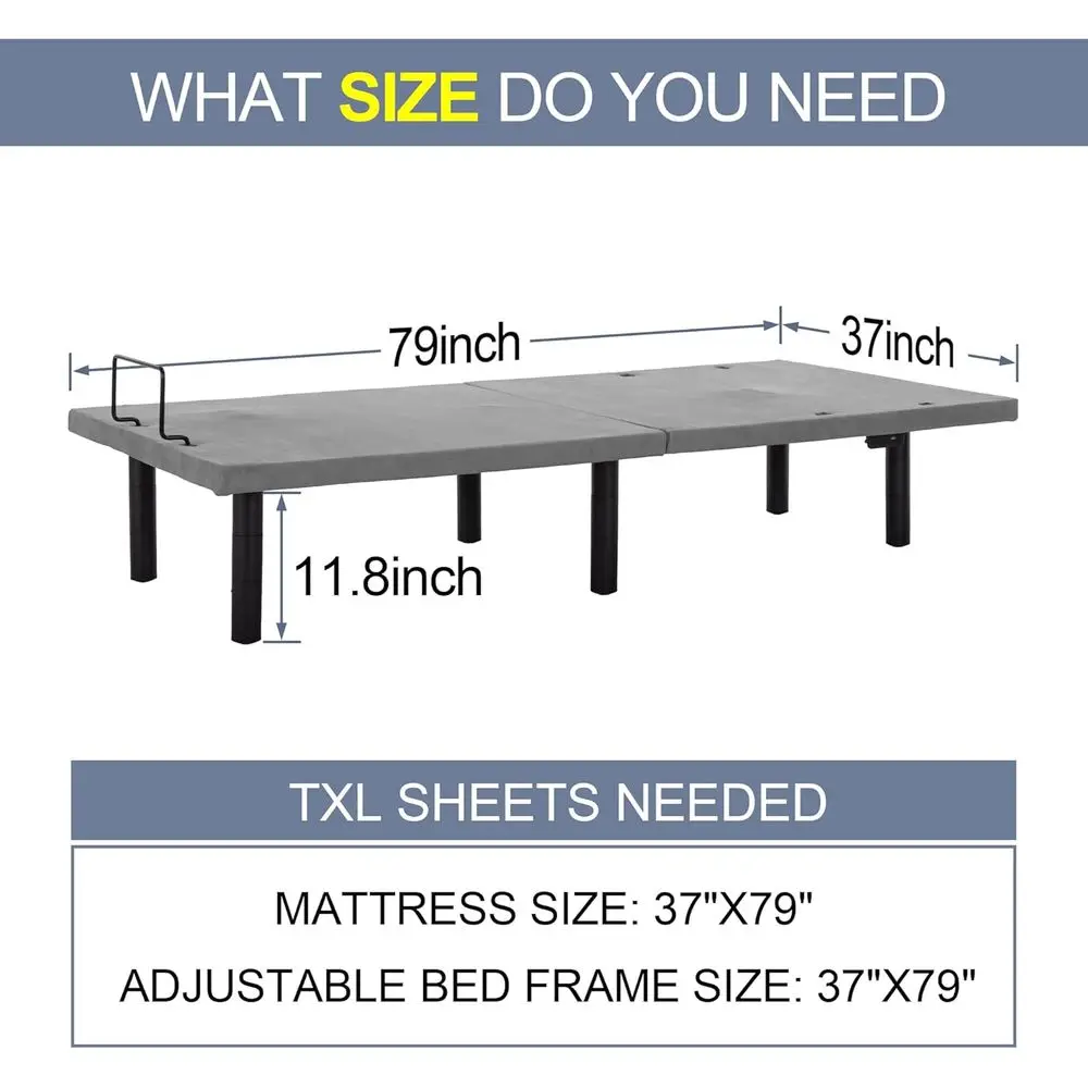 إطار سرير كهربائي قابل للتعديل باللون الرمادي Twin XL مع تدليك ومنافذ USB وإضاءة بدون جاذبية وإضاءة LED وتعديل الارتفاع المتزامن