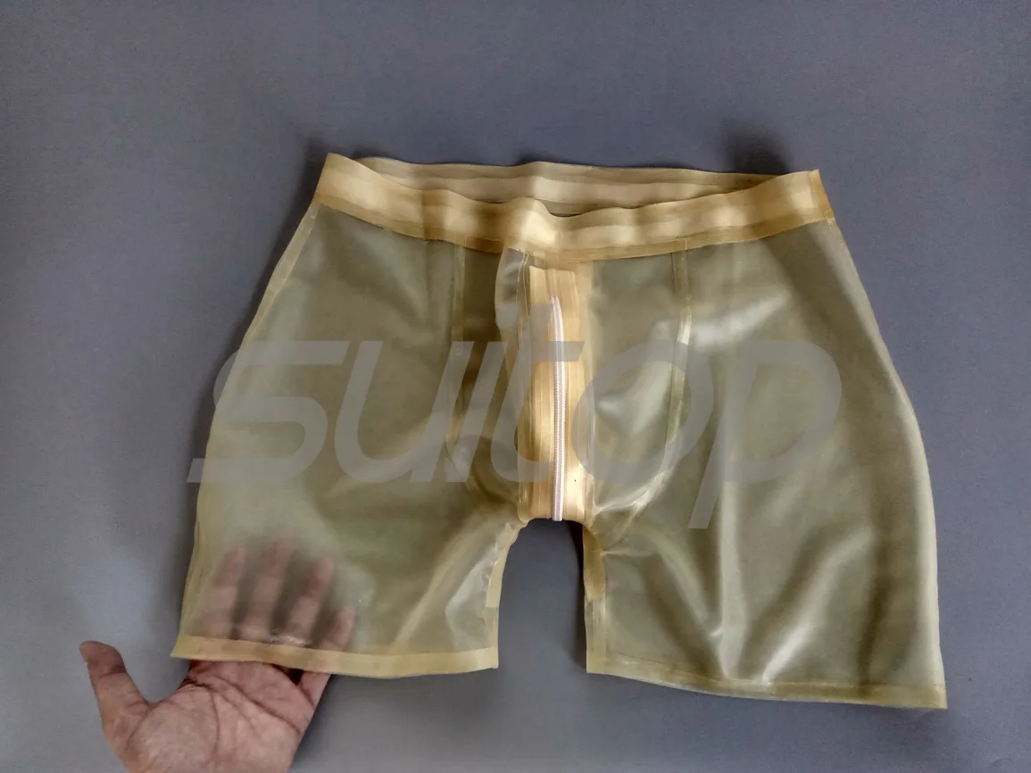 Shorts de borracha sexy de látex masculino com zíper na virilha