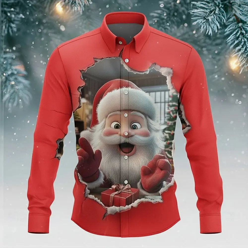 عيد الميلاد الرجال سانتا كلوز الرنة مضحك عيد الميلاد قميص زر يصل قميص طويل الأكمام مضحك هدايا عيد الميلاد عطلة ربيع الخريف
