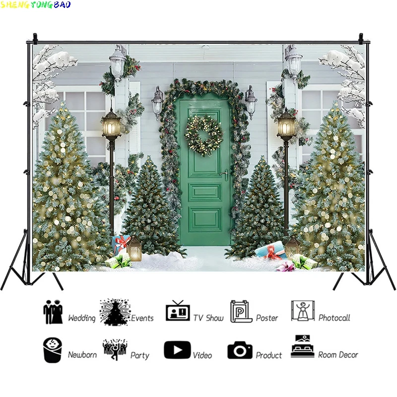 

Vinyl Custom Christmas Tree Window Candy Photography Backdrop Wooden Doors Snowman Cinema Pine New Year Background Prop LA-38
