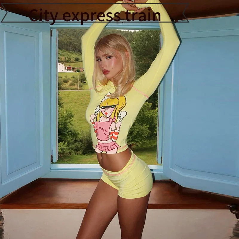 

Уличный принт с мультяшным принтом, облегающий сексуальный разрез Dr для женщин, бандаж со средней и низкой талией, повседневная спортивная женская мода