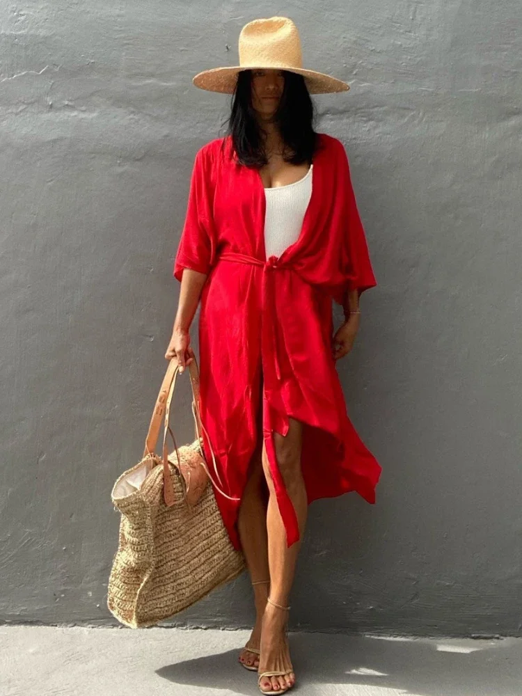 2023 Summer Beach Cover Up Kimono Women Summer New Pareo Swimsuit Cape Solid Bohemian Tunic Dresses Bathing Suits