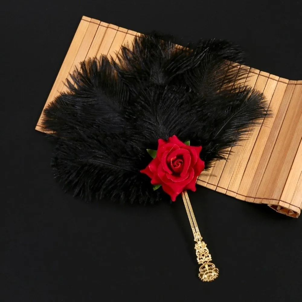 Gold Handle Ostrich Feather Fan Soft Fluffy Handmade Craft Chinese Hand Fan Fan Artificial Rose Feather Rose Fan Masquerade Ball