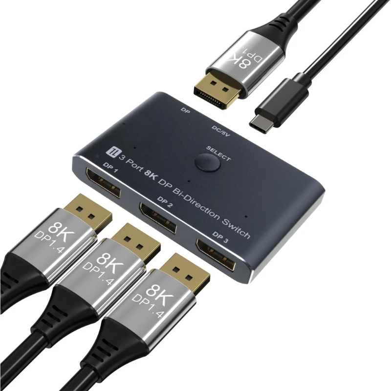 DisplayPort 1.4 Switching Box 8K30hz High Resolution Video Splitter 3 In 1 Out Switcher For Multiple Screens