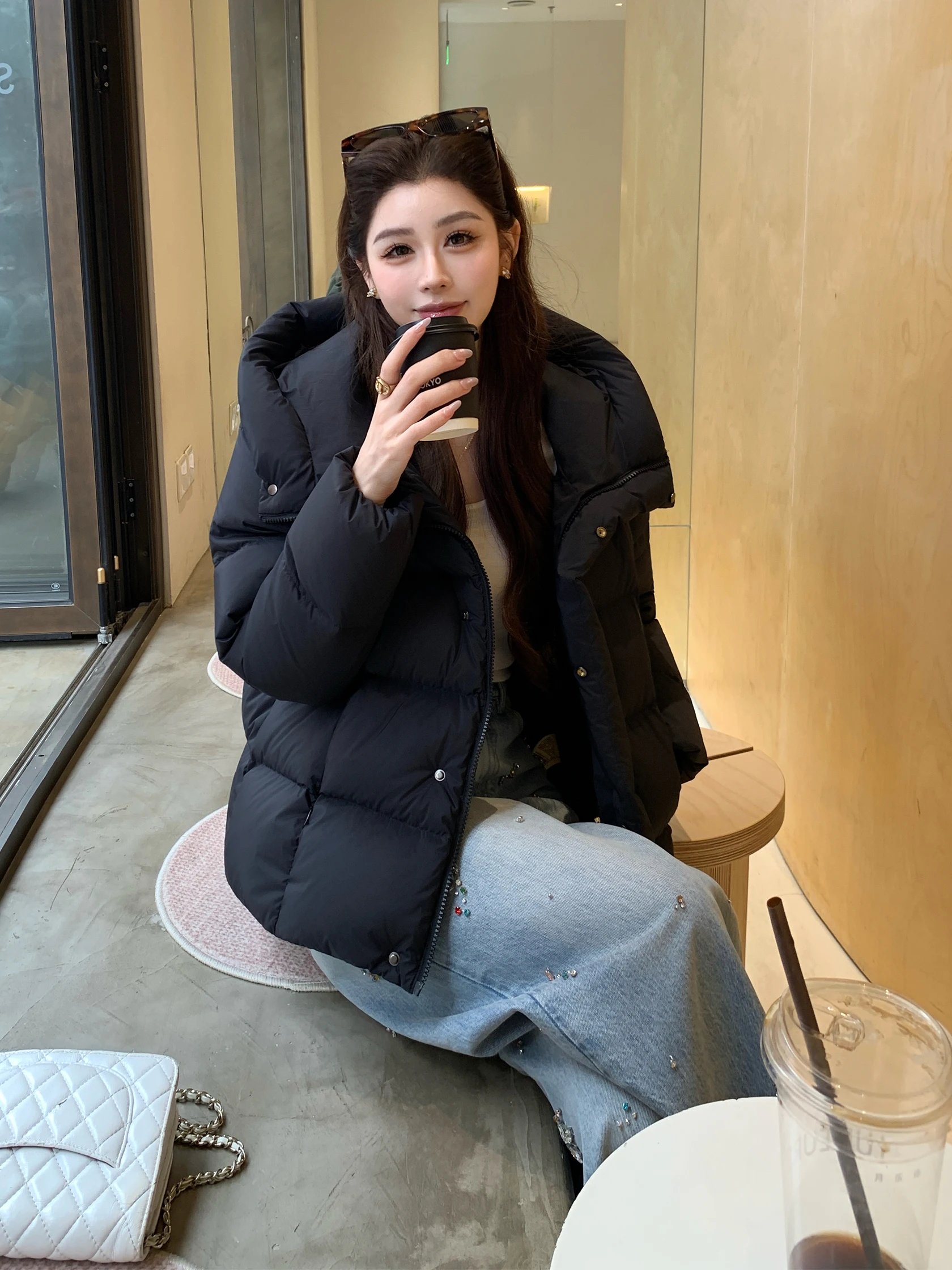 

Org Traceable Goose down Bla Slimming Loose Casual Warm Lightweight Premium ort Hooded down Jaet Outerwear for Women