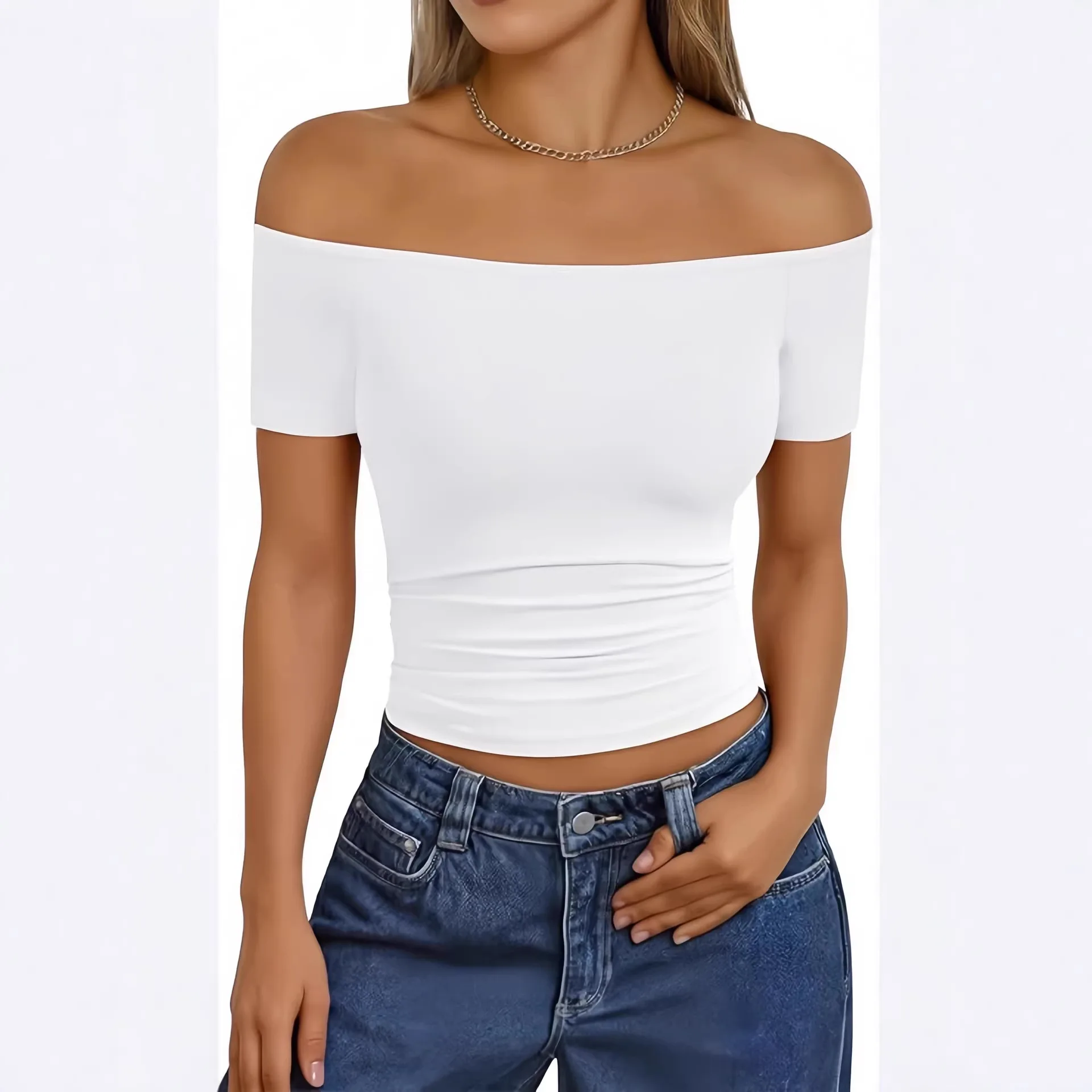 Sommerliches Neues Schulterfreies Mädchen-T-Shirt, Einfarbiges Damen-Slim-Fit Casual Party Kurzarm-T-Shirt, Weiche Damenoberbekleidung