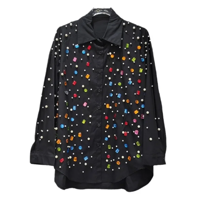Donna 2025 Primavera Nuova Moda Top Delicate Perline Colorate Diamanti Camicie da Donna Allentato Comfort Medio Lungo Tendenza Camicia Casual