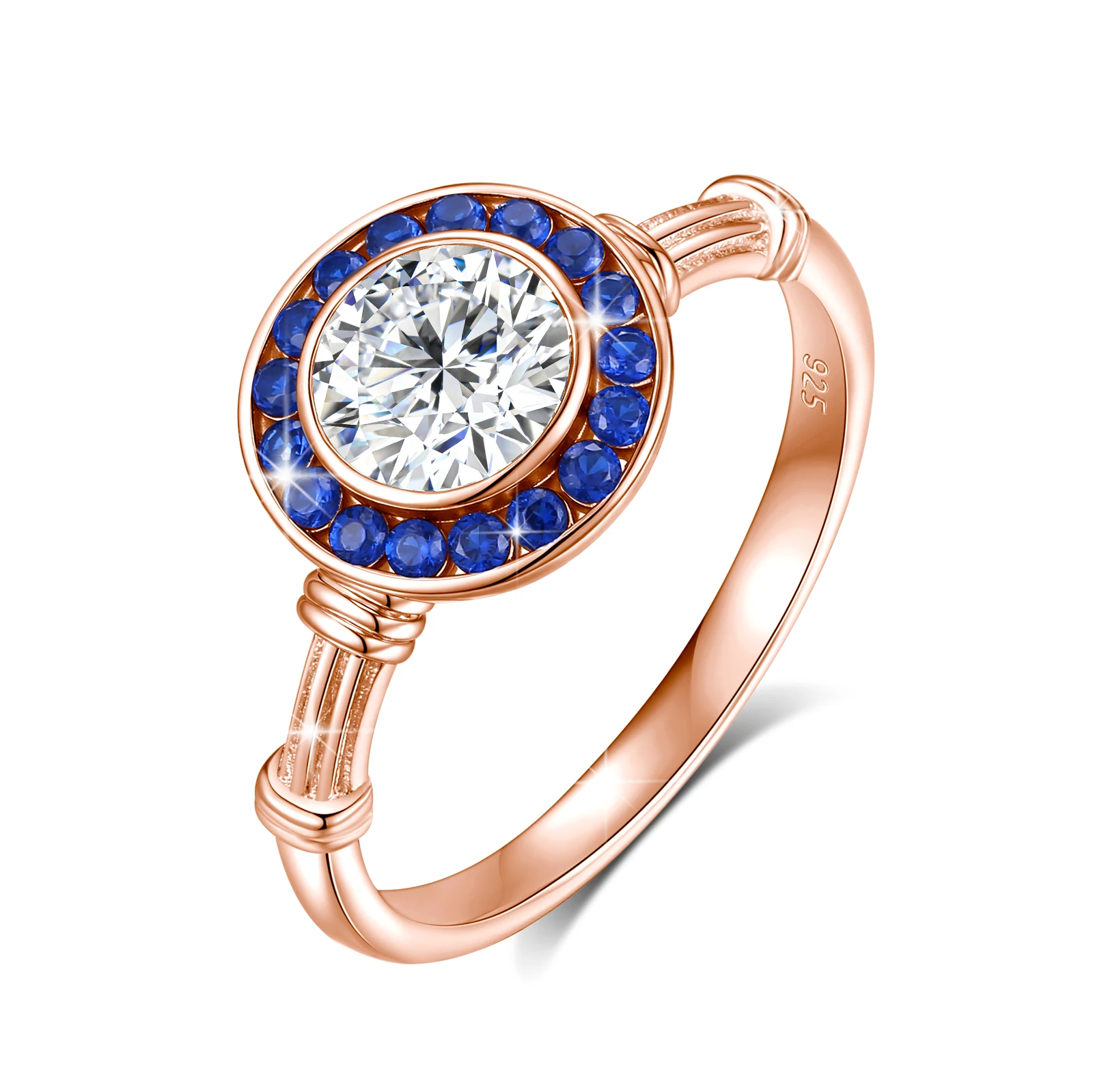 925 Silber Klassische Moissanit-Diamantringe für Damen, Luxuriöse Eingelegte Blaue Korund-Halo-Ringe für Hochzeit und Party – Detail 11
