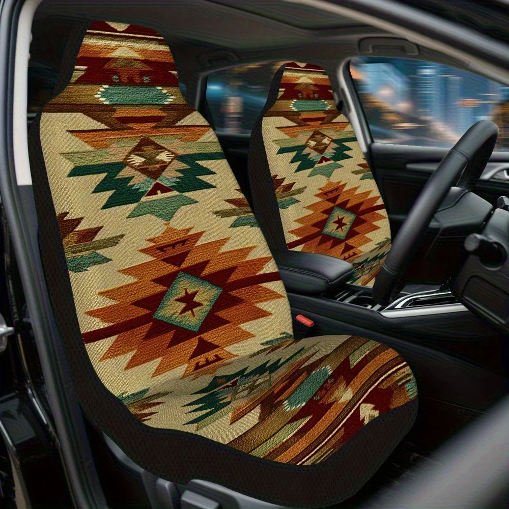 2pcs Geometric Tribal Pattern Car Seat Cover Set – High-Quality Fit For Most Cars, Stylish And Durable Seat Protectors For Men