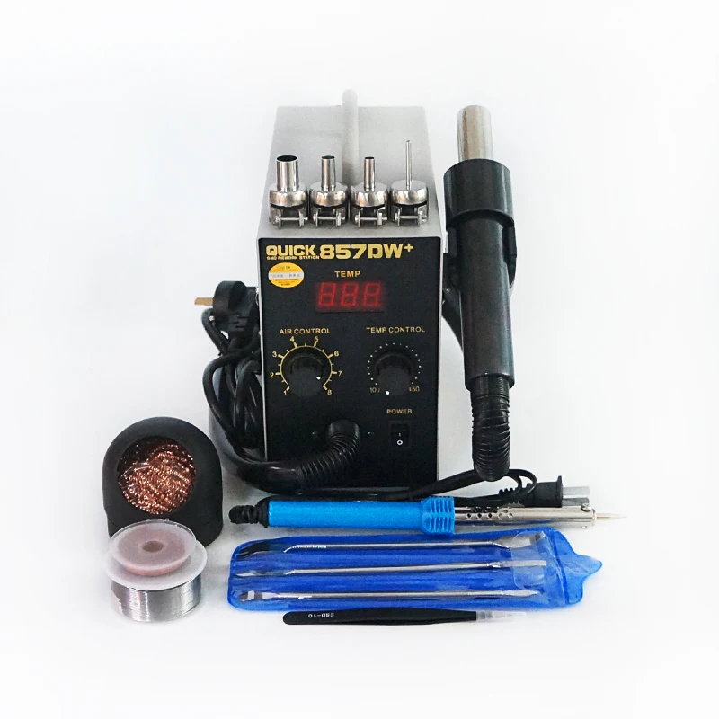 Soldering station QUICK-857DW+ SMD SMT electric soldering iron 40W with 0.6mm solder wire desoldering wick ESD tweezer opening t