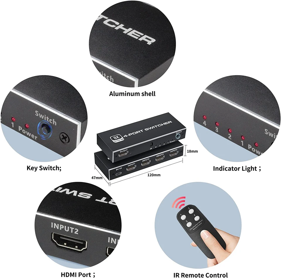 2024 HDMI อุปกรณ์สลับสัญญาณ2.1-4 in 1 OUT 2 in 1 Out 8K 60Hz 4K 120Hz อะแดปเตอร์สวิทช์แยก IR สำหรับ PS5 PS4โปรเจคเตอร์