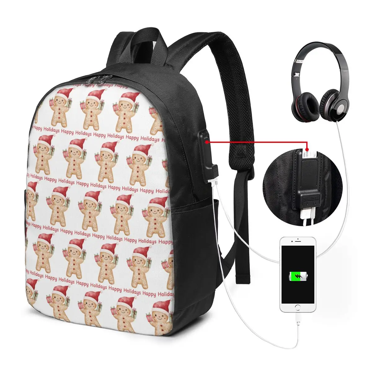 Christmas Gingerbread Holiday Happy Backpack Travel Notebook Bag Computer College Student School Bag Laptop Shoulder Bags
