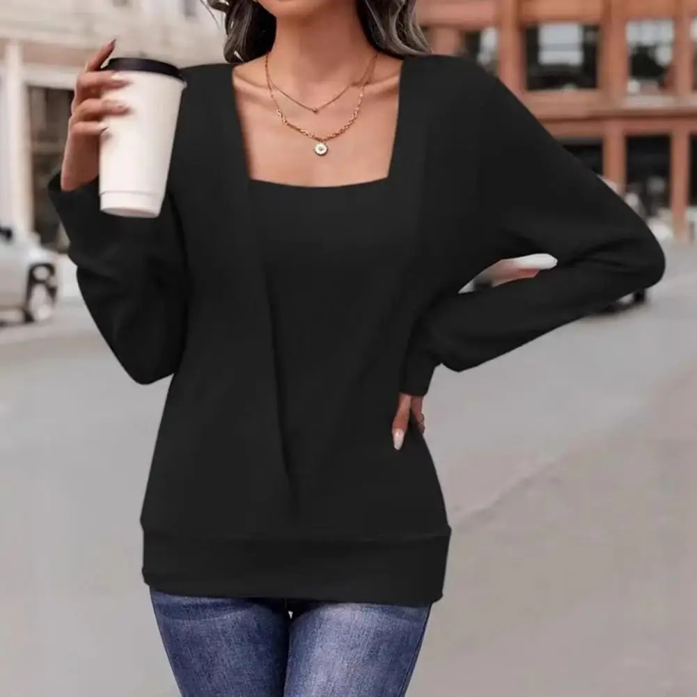 

Женская осенняя блузка, приятный для кожи топ, стильная женская блузка с квадратным воротником и длинным рукавом, искусственный дизайн из двух частей, однотонная для A