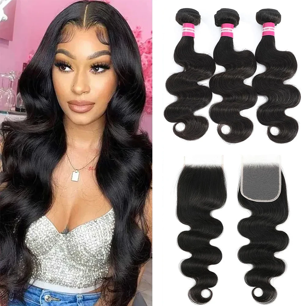 Raw Indian Hair Bundles Human Hair With Closure Unprocessed 10A Natural Black Body Wave Bundles Virgin Hair Extensions For Women