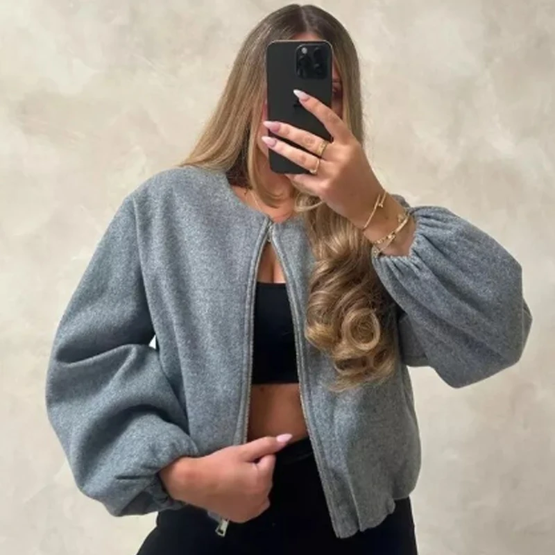 HXAO Women's Jackets Cropped Loose Outerwears Red Grey Off White Black Jacket Zip Up Long Sleeve Top Casual Varsity Bomber Coat