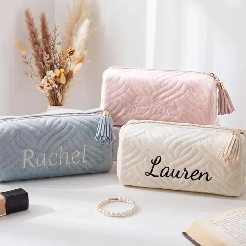 Personalized Quilted Cosmetic Bag Custom Name Embroidered Makeup Pouch Tassel Travel Toiletry Bag Gift For Bridesmaid Women