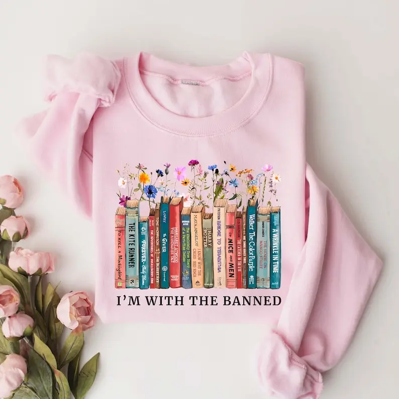 سويت شيرت I'm with The Banned Books، هدية لمحبي القراءة لمحبي المكتبة، سترة مدرس القراءة، سترة بغطاء للرأس على شكل كتاب زهري، رجل وامرأة