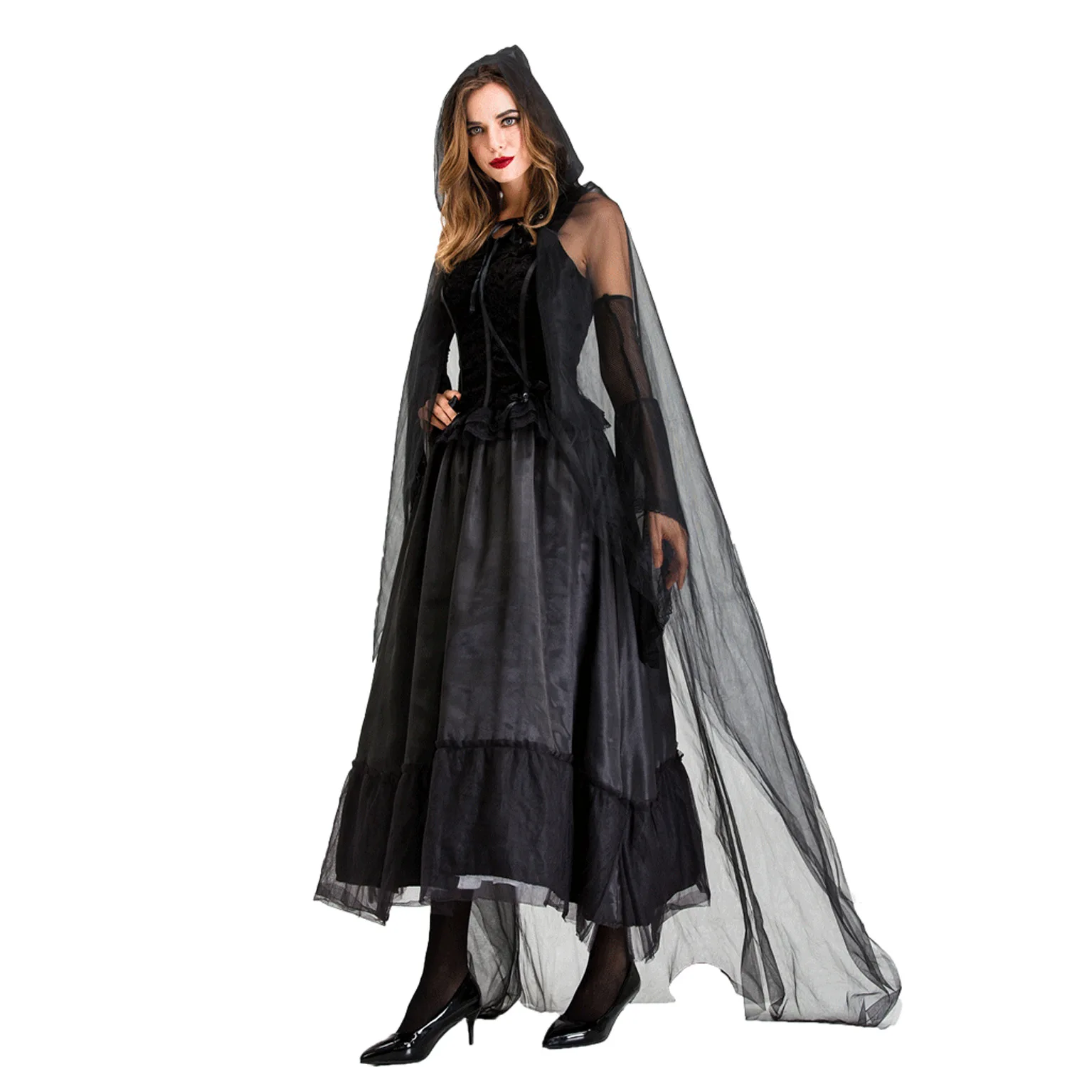 تنورة سوداء طويلة أزياء تنكرية لجميع القديسين الموت العروس الساحرة أداء المرحلة الزي النسائي التقليدي العرقي...