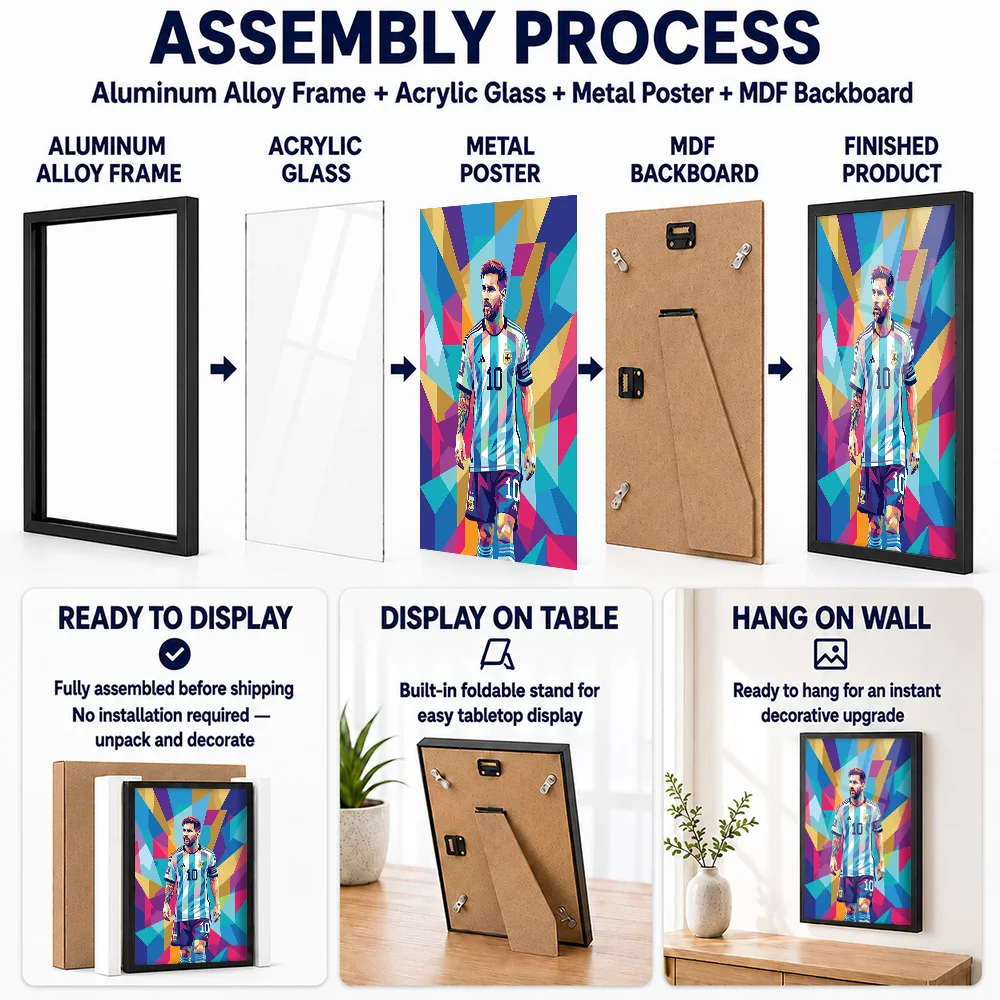 Lionel Messi Pop Portrait Metal Poster With Aluminum Alloy Frame Personalized Geometric Illustration Wall Art For Sports Bar