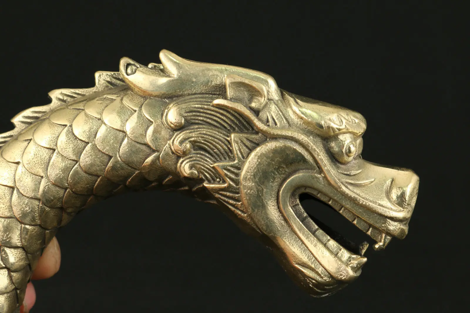 Chinese old bronze hand carved dragon walking stick head